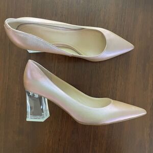 Marc Fisher LTD Rose Gold Metallic Pointed Toe Pumps Clear Lucite Block Heel 12M
